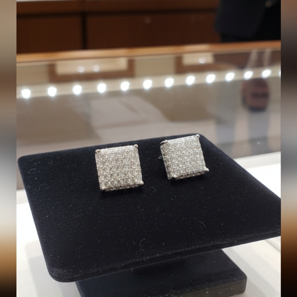 Iced Mens 14K White Gold Micropave Earrings